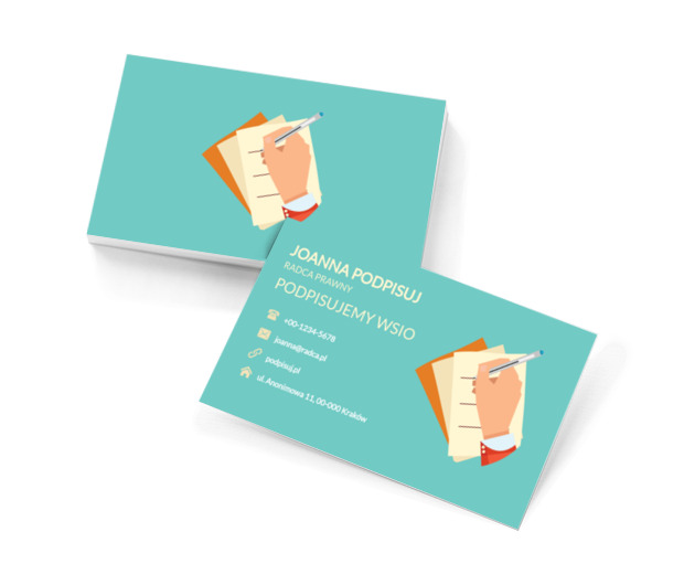 Dłoń podpisująca dokumenty, Prawo, Radca Prawny - Wizytówki Netprint szablony online