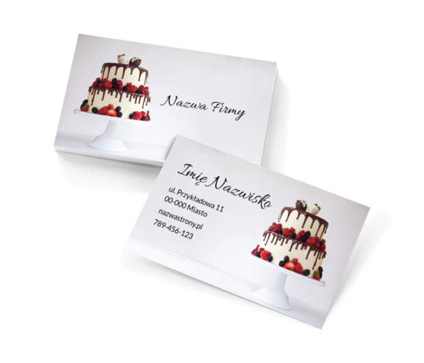 Elegancki tort z owocami i polewą czekoladową, Gastronomia, Cukiernia - Wizytówki Netprint szablony online