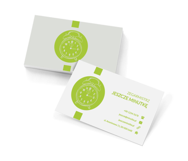Biały budzik na zielonym tle, Sprzedaż, Zegarmistrz - Wizytówki Netprint szablony online